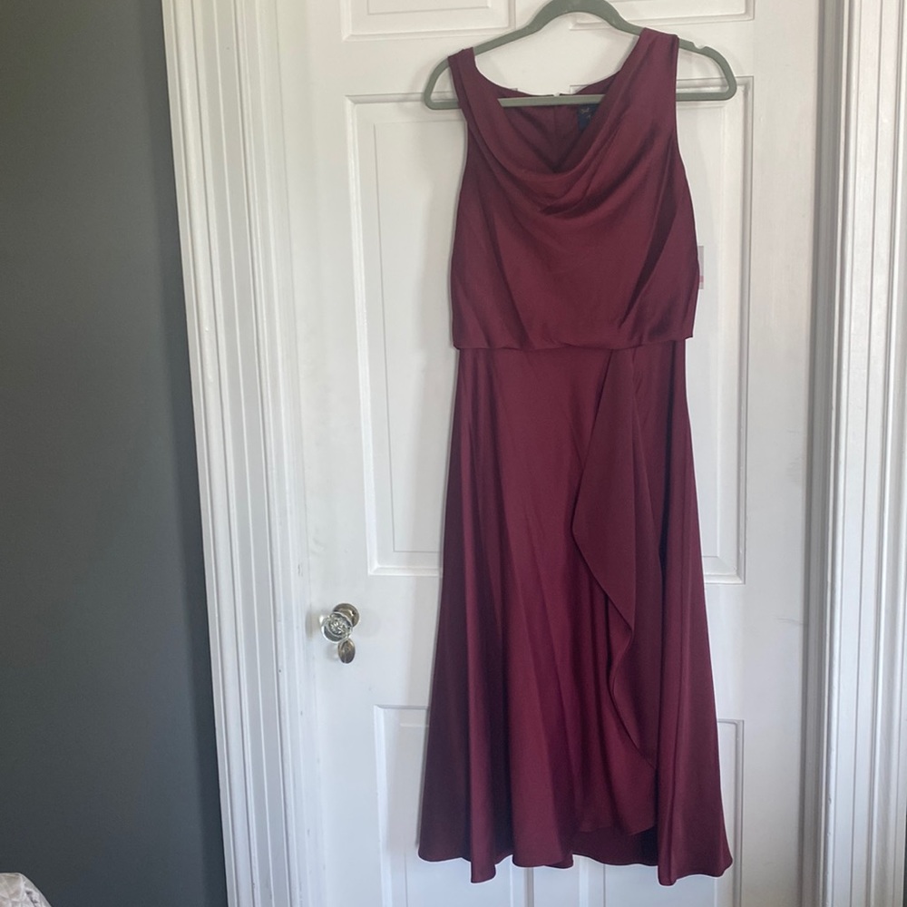 Burgundy satin Just Taylor cowl neck dress